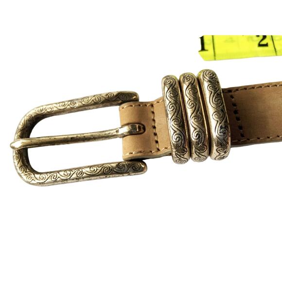 Rare Brighton Tan Leather Belt Engraved Buckle Size M B72 - Picture 3 of 6